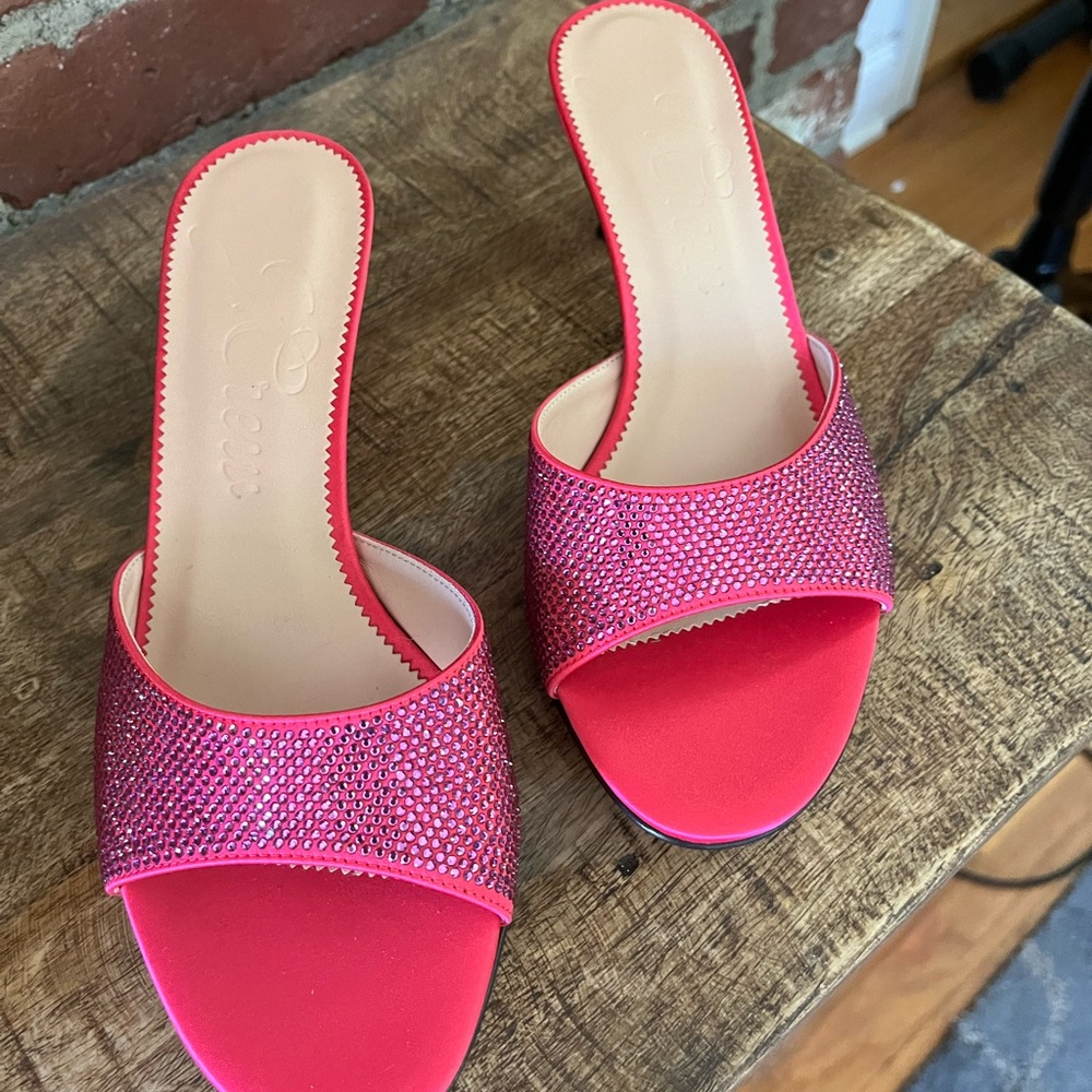 J.Crew, kitty heeled, sandals, begonia, pink crystals, Ital made in Italy